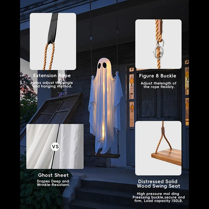 Illuminated Hanging Ghost Swing with String Lights and Wooden Seat, Outdoor Halloween Decoration All Vera Mart