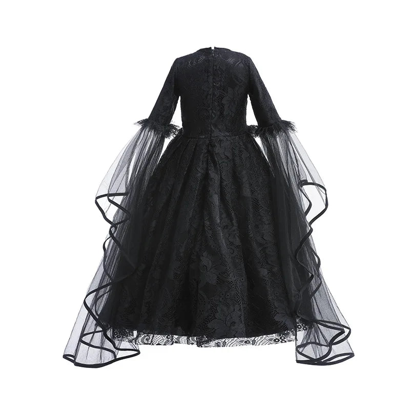 Girls Witch Queen Dress with Ruffle Trim and Decorative Pattern, Mid Calf Length All Vera Mart