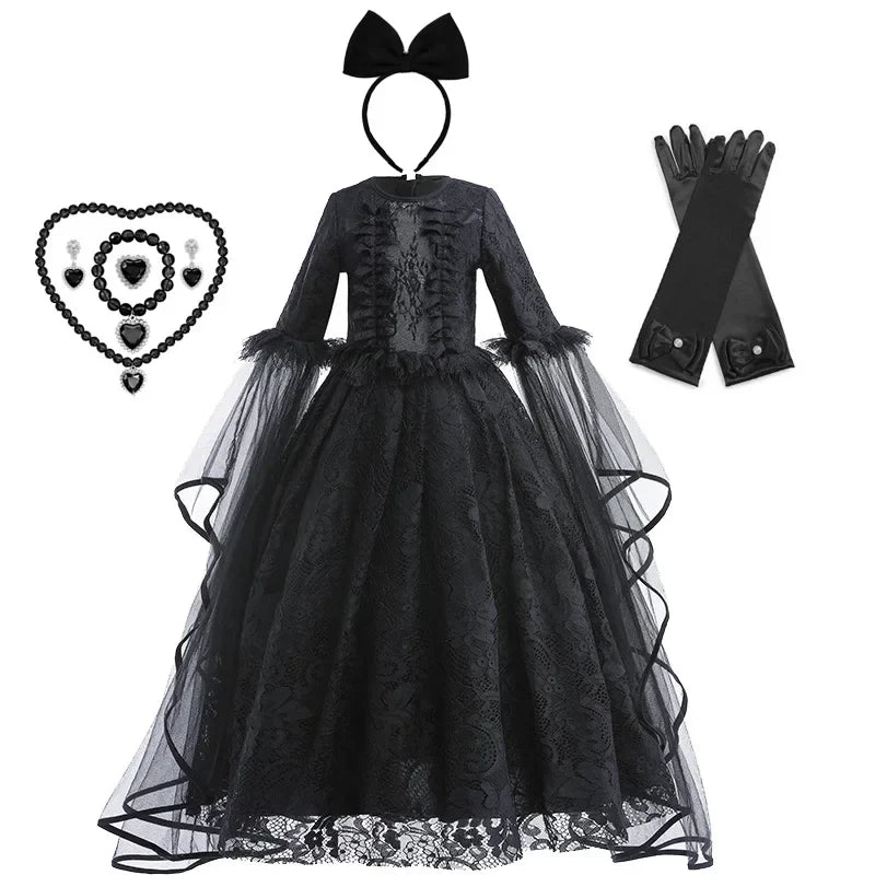 Girls Witch Queen Dress with Ruffle Trim and Decorative Pattern, Mid Calf Length All Vera Mart