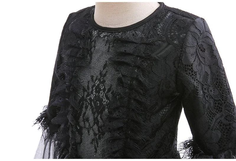 Girls Witch Queen Dress with Ruffle Trim and Decorative Pattern, Mid Calf Length All Vera Mart