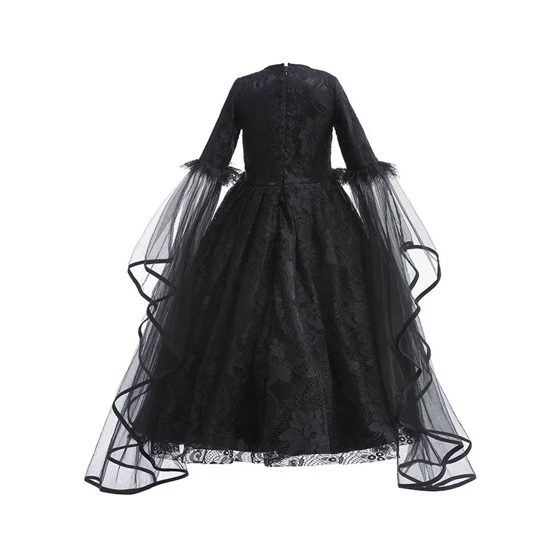 Girls Witch Queen Dress with Ruffle Trim and Decorative Pattern, Mid Calf Length All Vera Mart