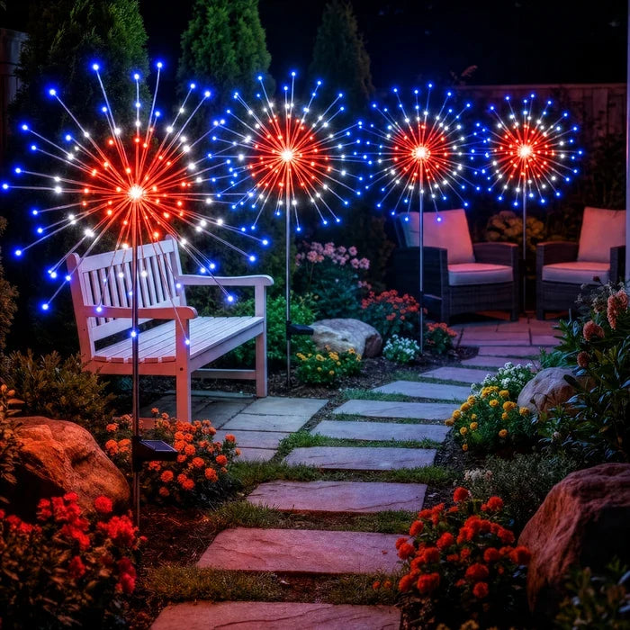 Solar Starburst Garden Stake Lights Set of 2 with Fairy Light Strands in Two Color Options