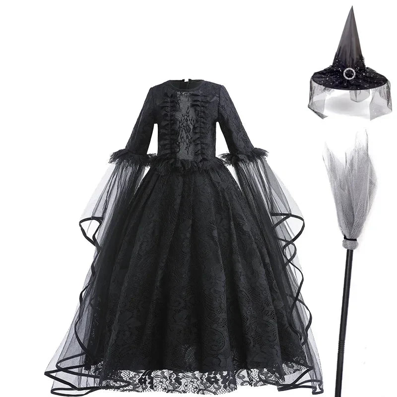 Girls Witch Queen Dress with Ruffle Trim and Decorative Pattern, Mid Calf Length All Vera Mart