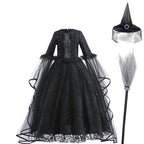 Girls Witch Queen Dress with Ruffle Trim and Decorative Pattern, Mid Calf Length All Vera Mart