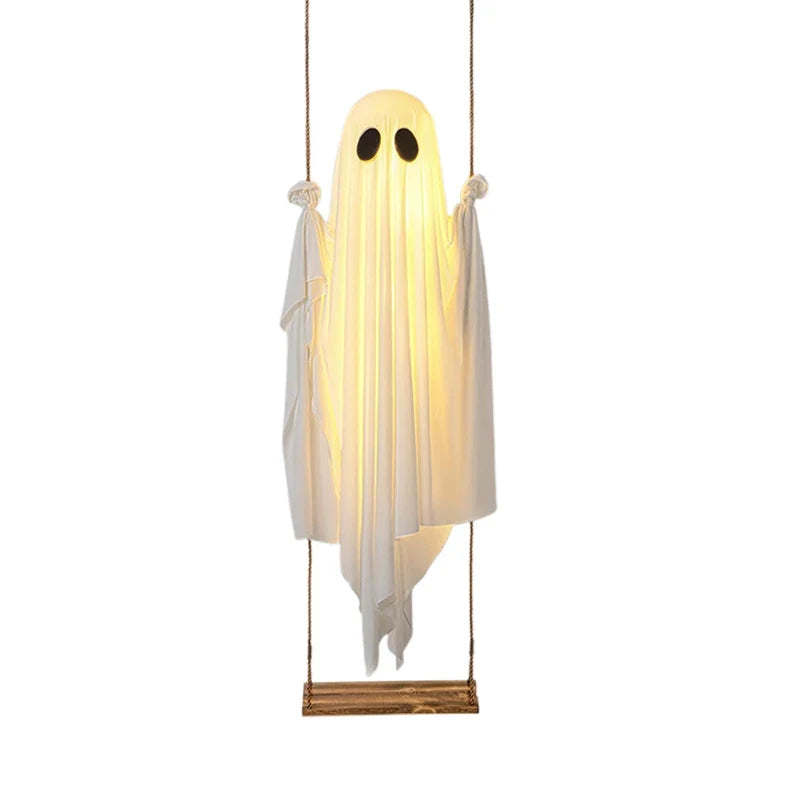 Illuminated Hanging Ghost Swing with String Lights and Wooden Seat, Outdoor Halloween Decoration All Vera Mart