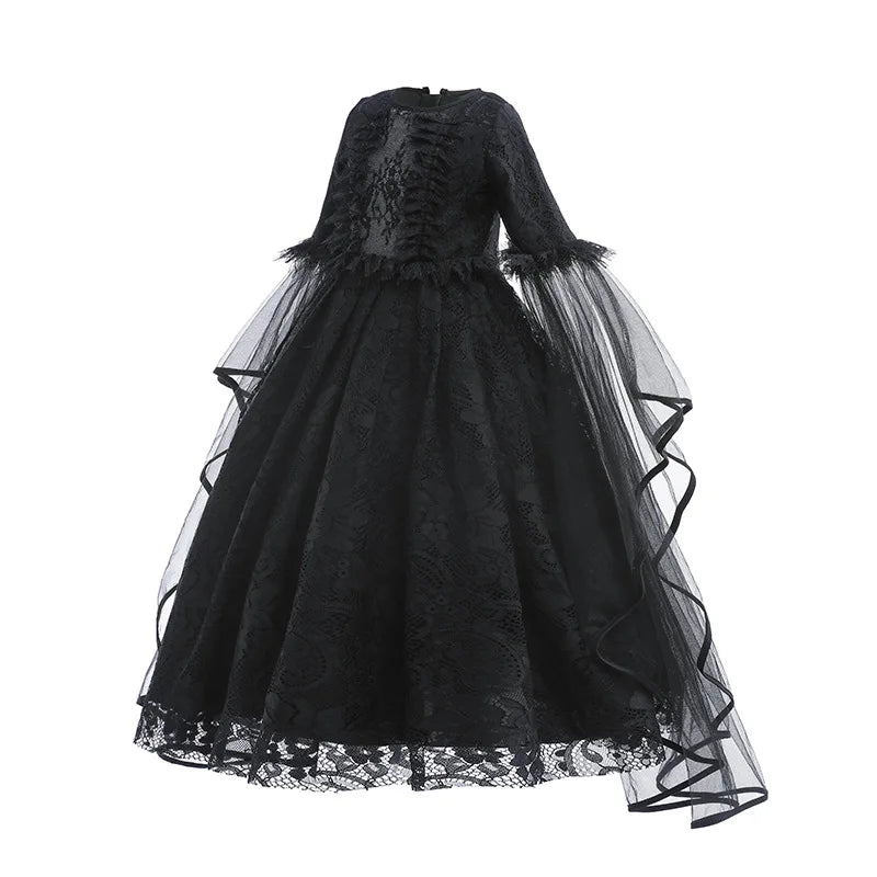 Girls Witch Queen Dress with Ruffle Trim and Decorative Pattern, Mid Calf Length All Vera Mart