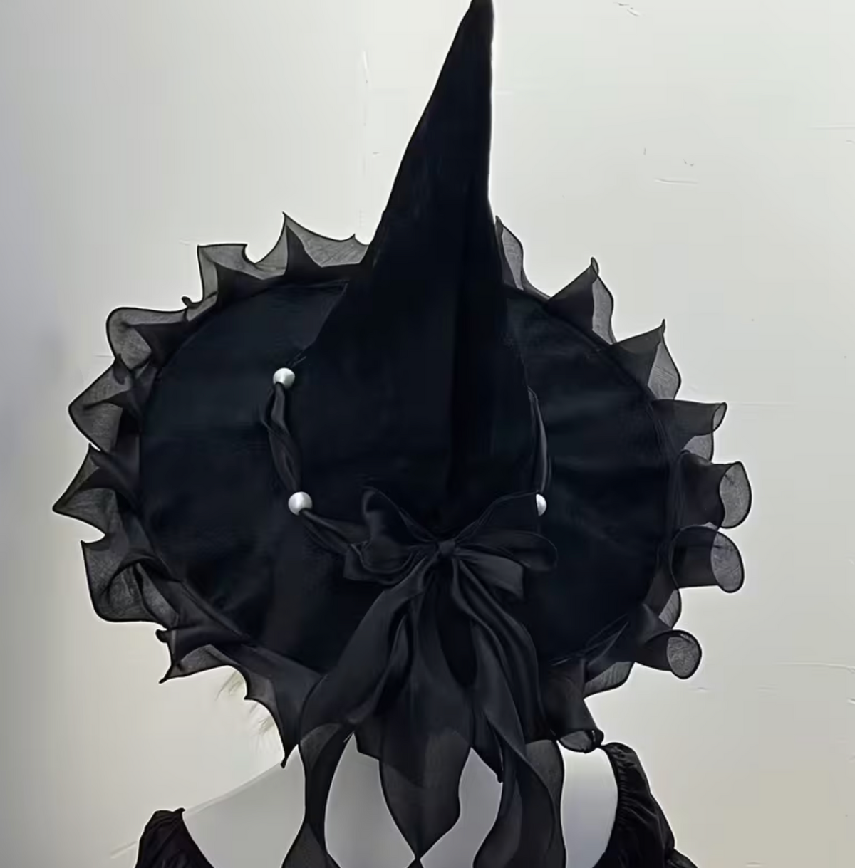 Woven Witch Hat with Pointed Cone and Bow Trim in Four Bow Colors