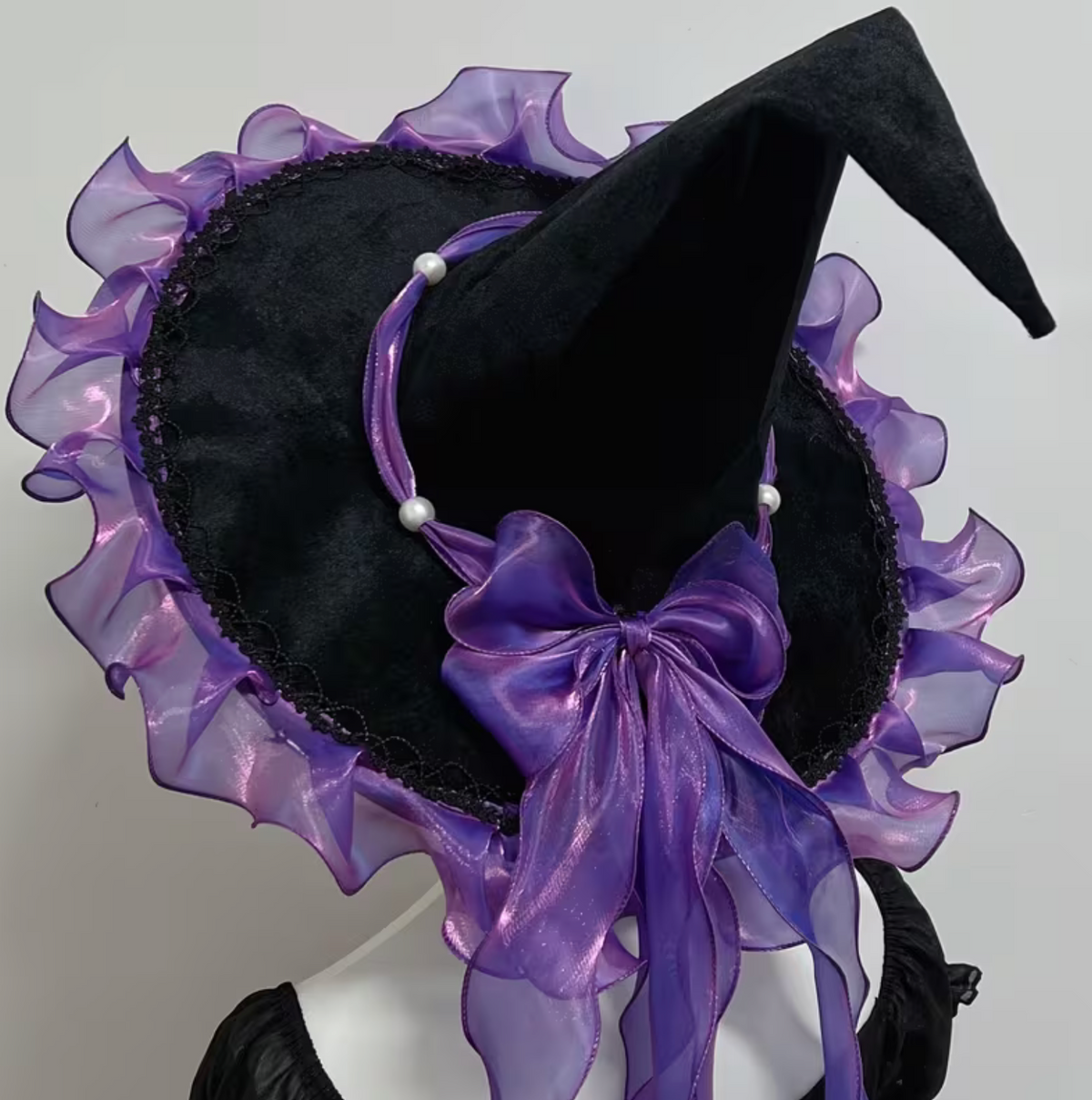 Woven Witch Hat with Pointed Cone and Bow Trim in Four Bow Colors