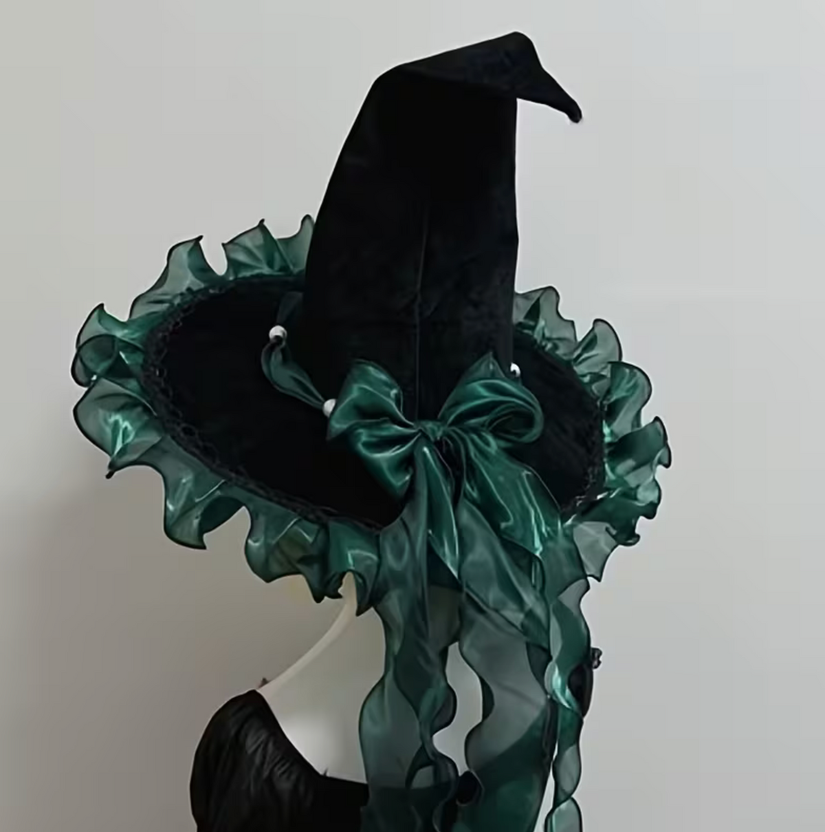 Woven Witch Hat with Pointed Cone and Bow Trim in Four Bow Colors
