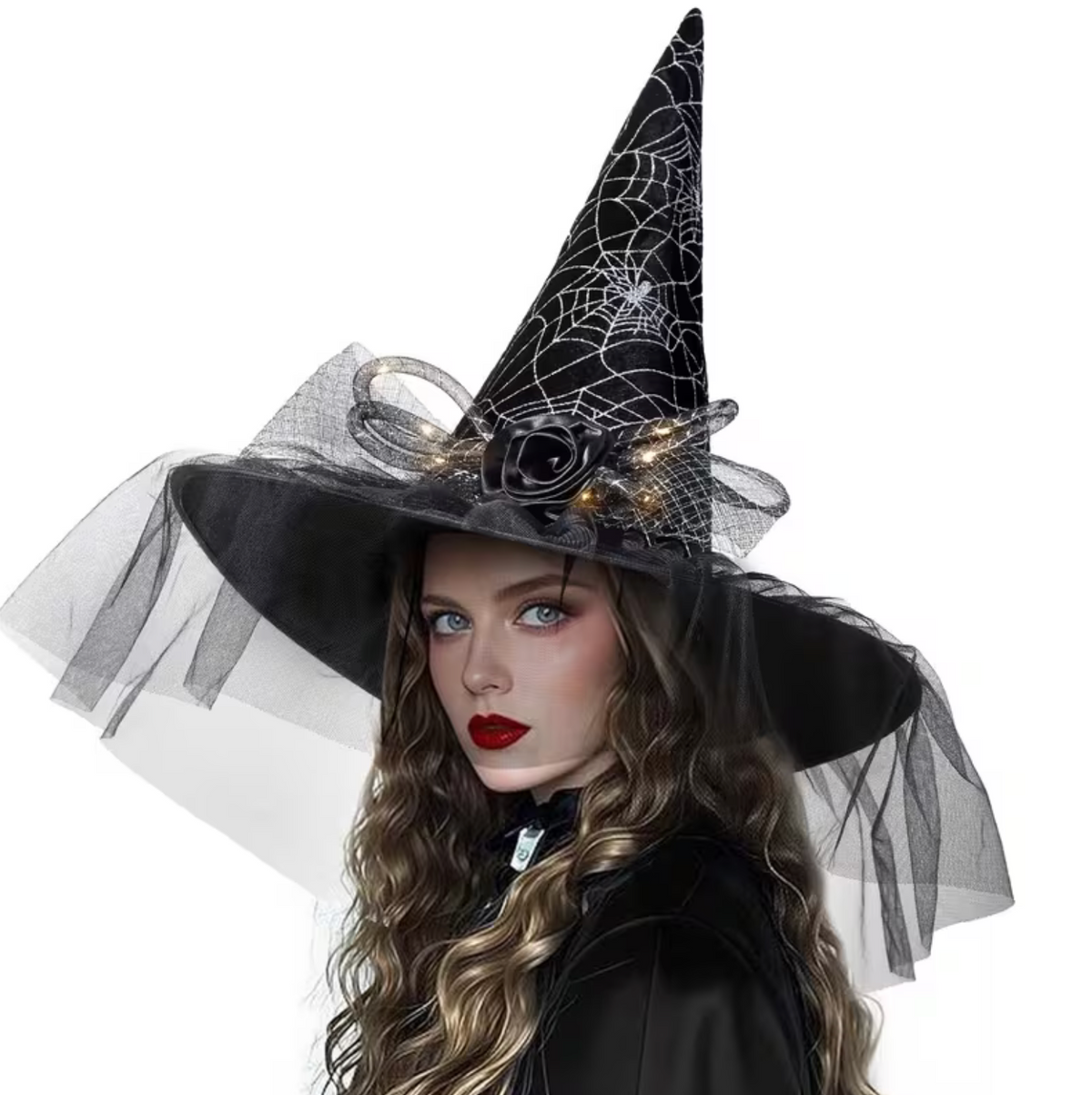 Light Up Witch Hat with Spider Web Pattern and Rose Accents in Five Styles