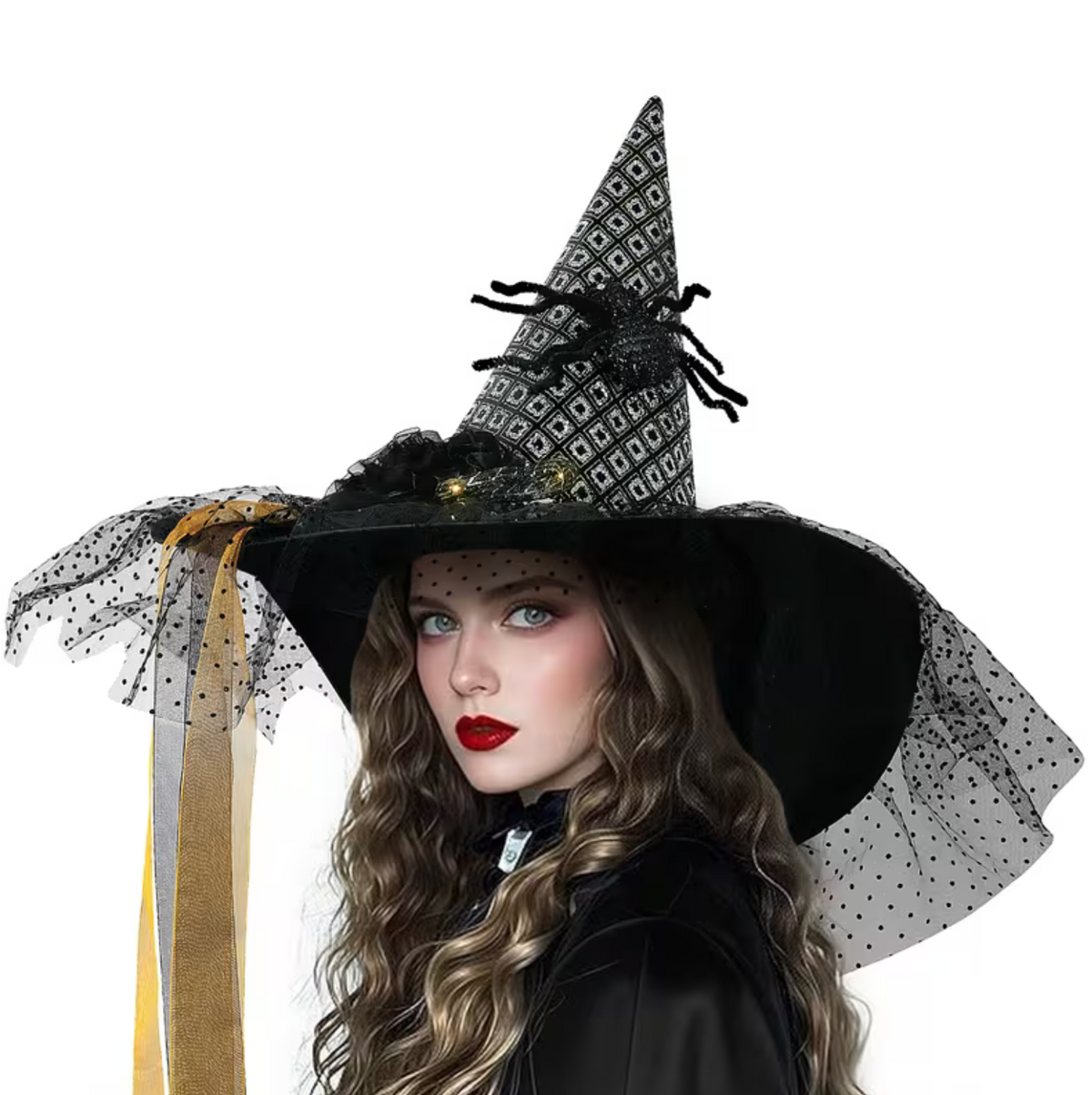 Light Up Witch Hat with Spider Web Pattern and Rose Accents in Five Styles
