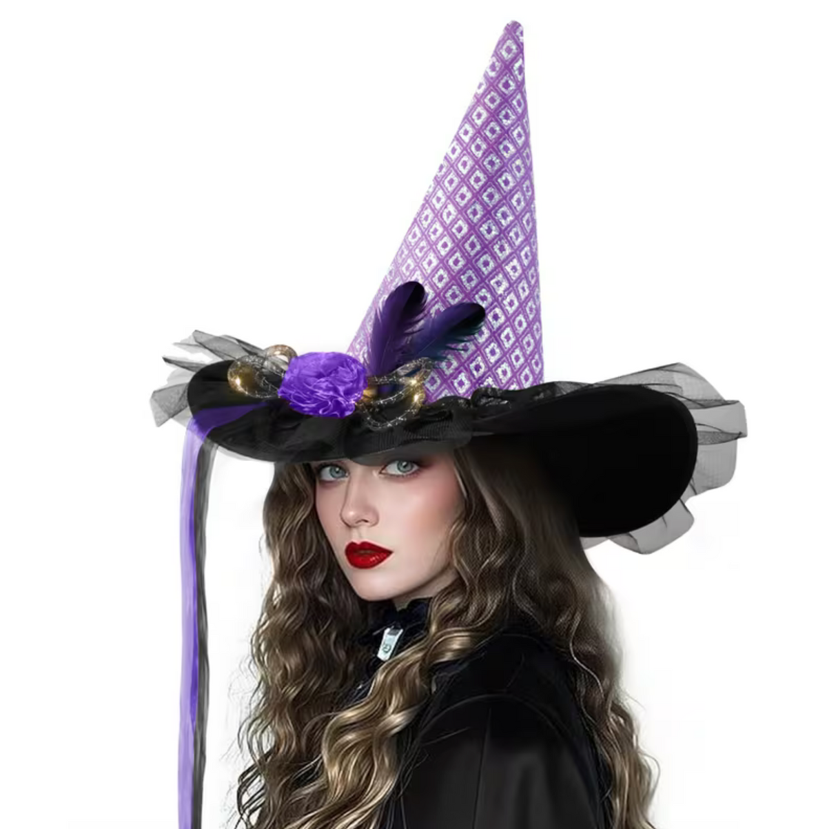 Light Up Witch Hat with Spider Web Pattern and Rose Accents in Five Styles