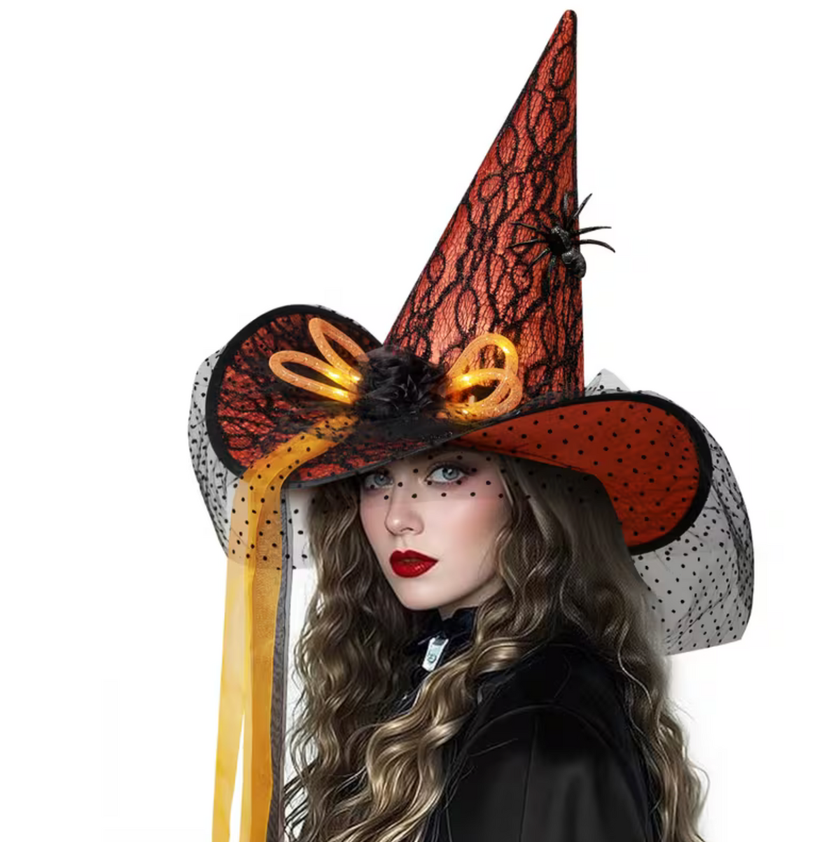 Light Up Witch Hat with Spider Web Pattern and Rose Accents in Five Styles