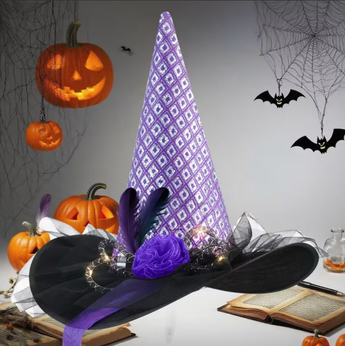 Light Up Witch Hat with Spider Web Pattern and Rose Accents in Five Styles