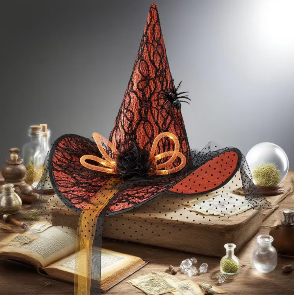 Light Up Witch Hat with Spider Web Pattern and Rose Accents in Five Styles