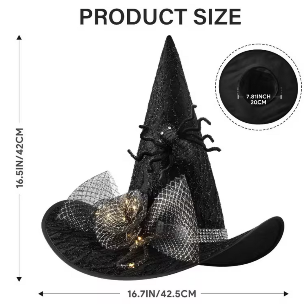 Light Up Witch Hat with Spider Web Pattern and Rose Accents in Five Styles