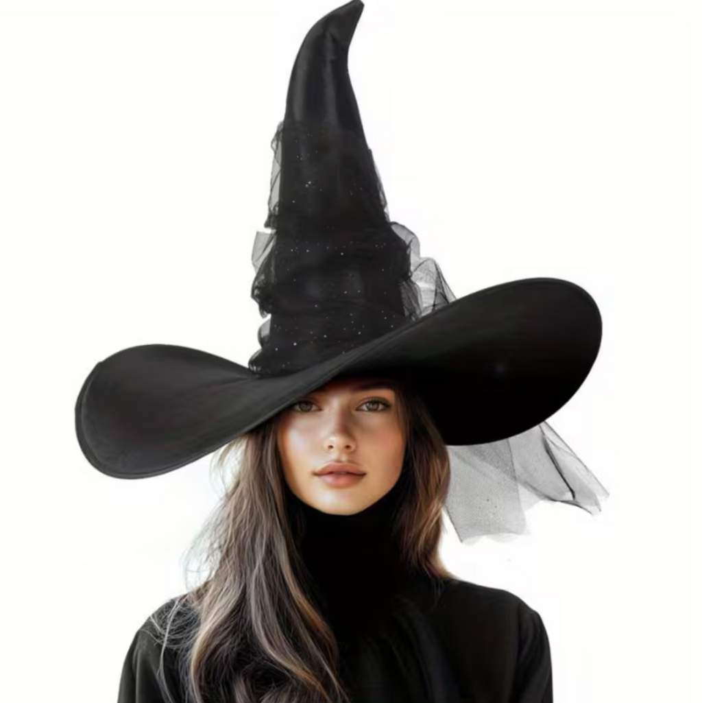 Black Witch Hat with Glitter Star Veil and Wide Brim Pointed Cone Design