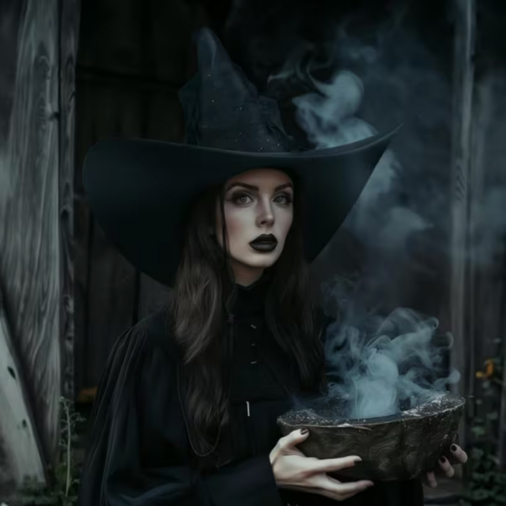 Black Witch Hat with Glitter Star Veil and Wide Brim Pointed Cone Design