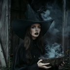 Black Witch Hat with Glitter Star Veil and Wide Brim Pointed Cone Design