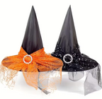 Pointed Tulle Witch Hat Set with Lace Trim, One Black and One Orange Hat