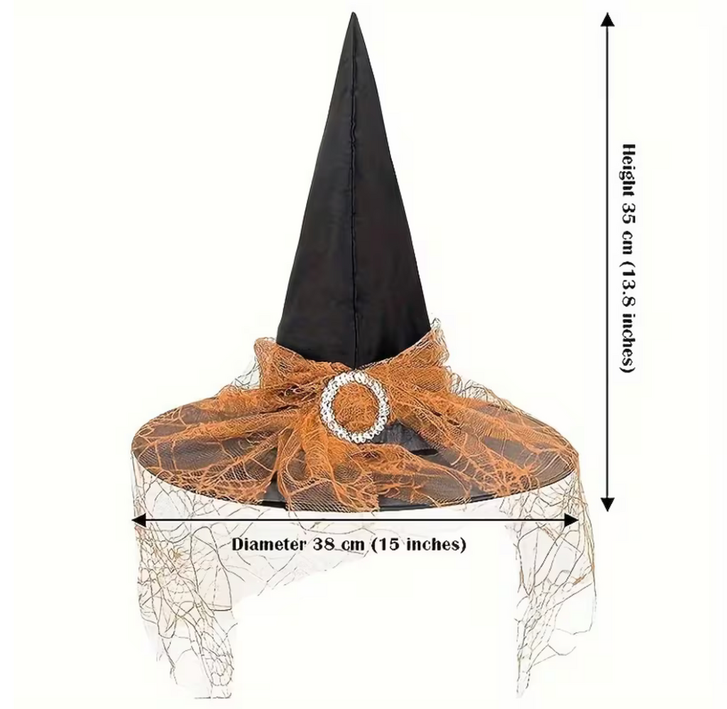 Pointed Tulle Witch Hat Set with Lace Trim, One Black and One Orange Hat