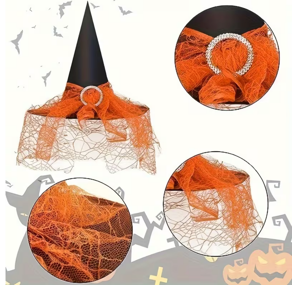 Pointed Tulle Witch Hat Set with Lace Trim, One Black and One Orange Hat