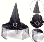 Pointed Tulle Witch Hat Set with Lace Trim, One Black and One Orange Hat