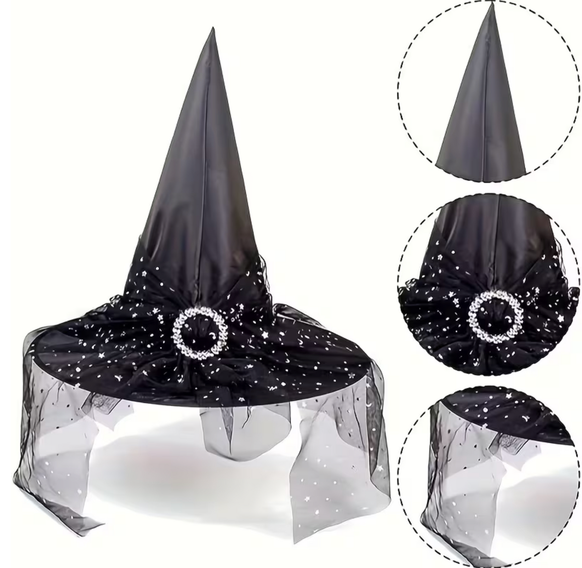 Pointed Tulle Witch Hat Set with Lace Trim, One Black and One Orange Hat