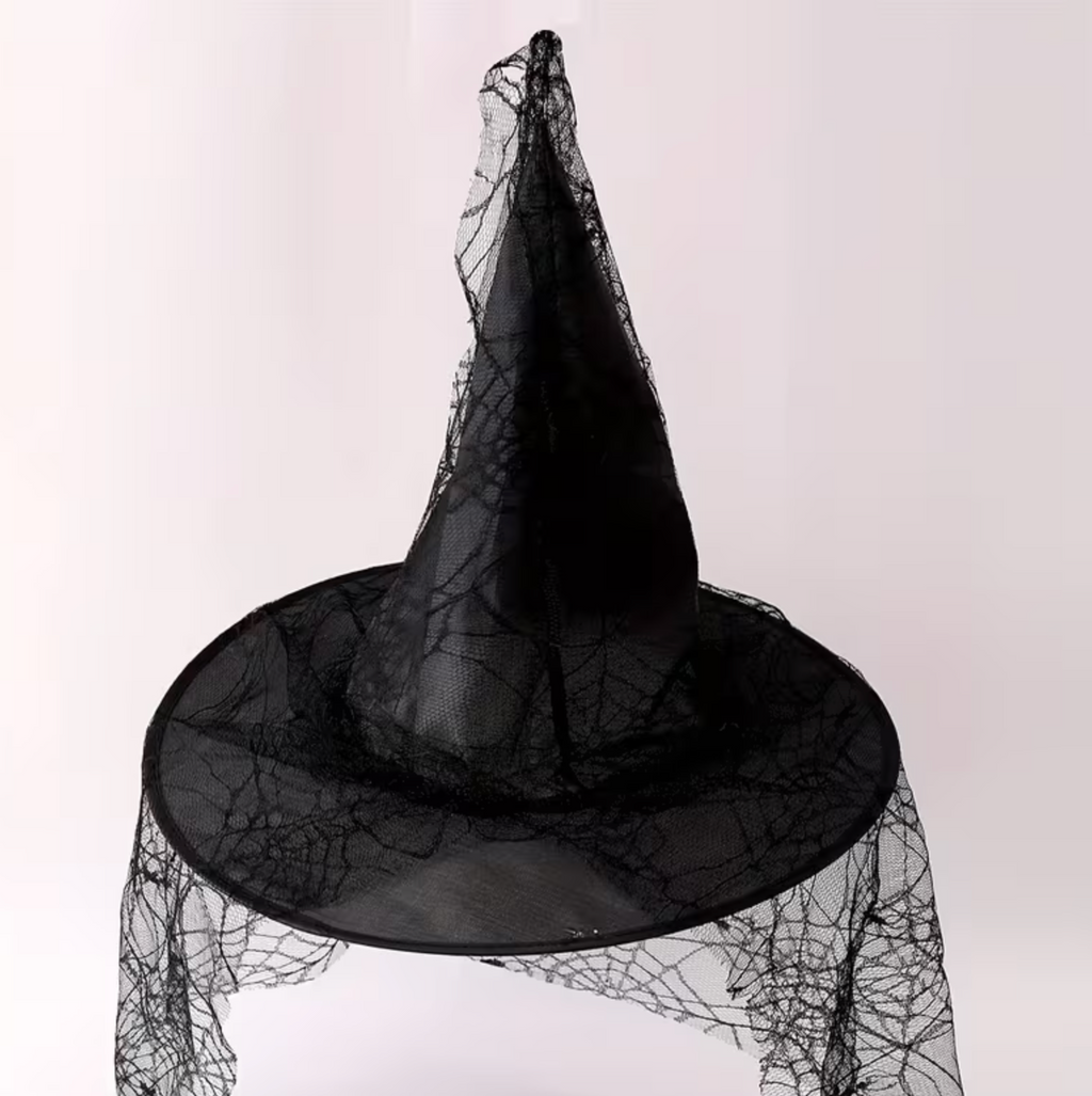 Black Mesh Lace Witch Hat with Pointed Cone and Wide Circular Brim, Adult Size