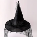 Black Mesh Lace Witch Hat with Pointed Cone and Wide Circular Brim, Adult Size