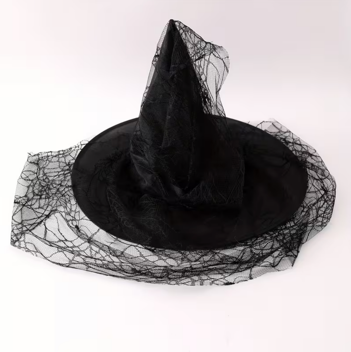 Black Mesh Lace Witch Hat with Pointed Cone and Wide Circular Brim, Adult Size
