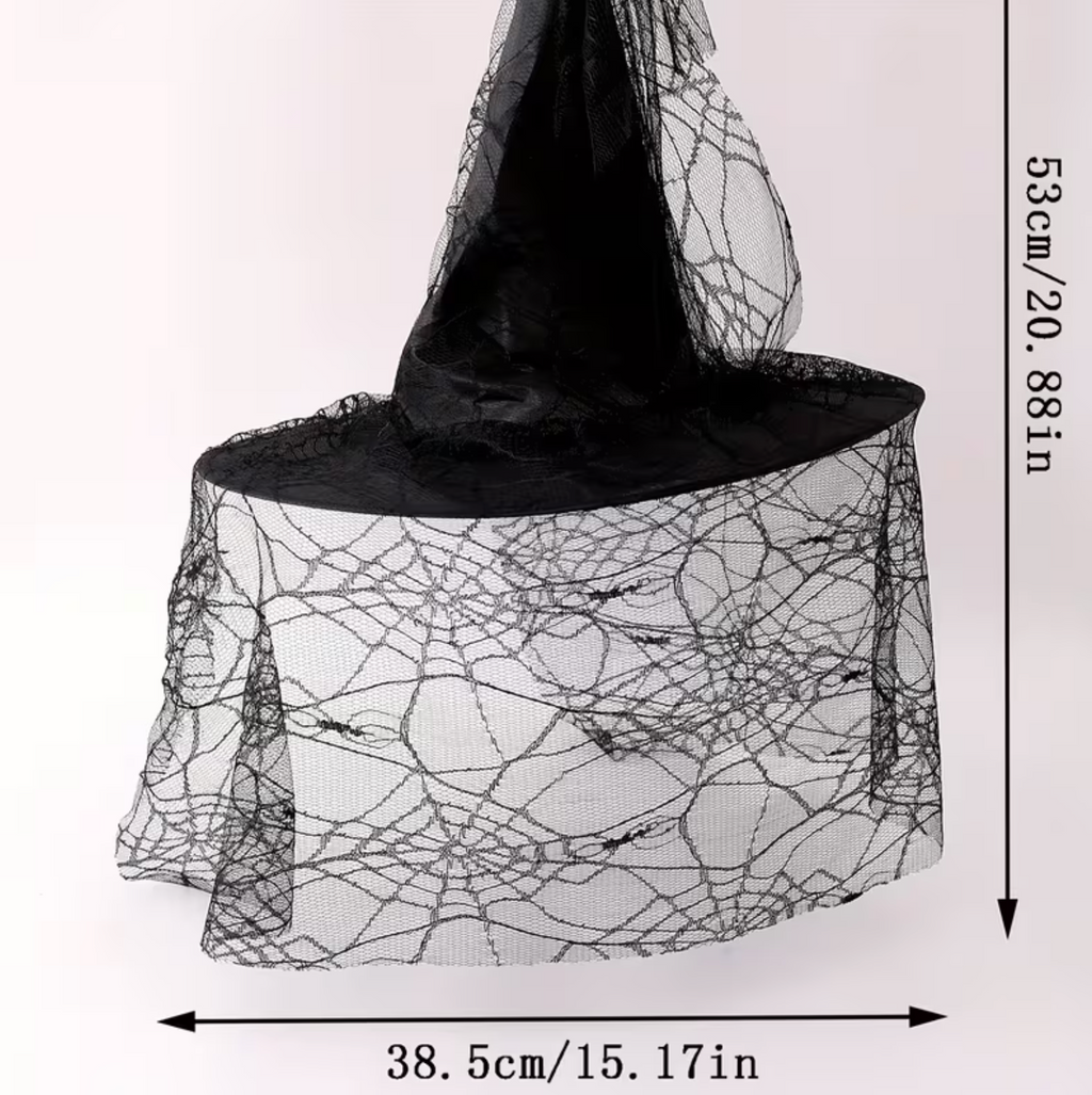 Black Mesh Lace Witch Hat with Pointed Cone and Wide Circular Brim, Adult Size