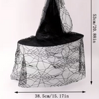 Black Mesh Lace Witch Hat with Pointed Cone and Wide Circular Brim, Adult Size