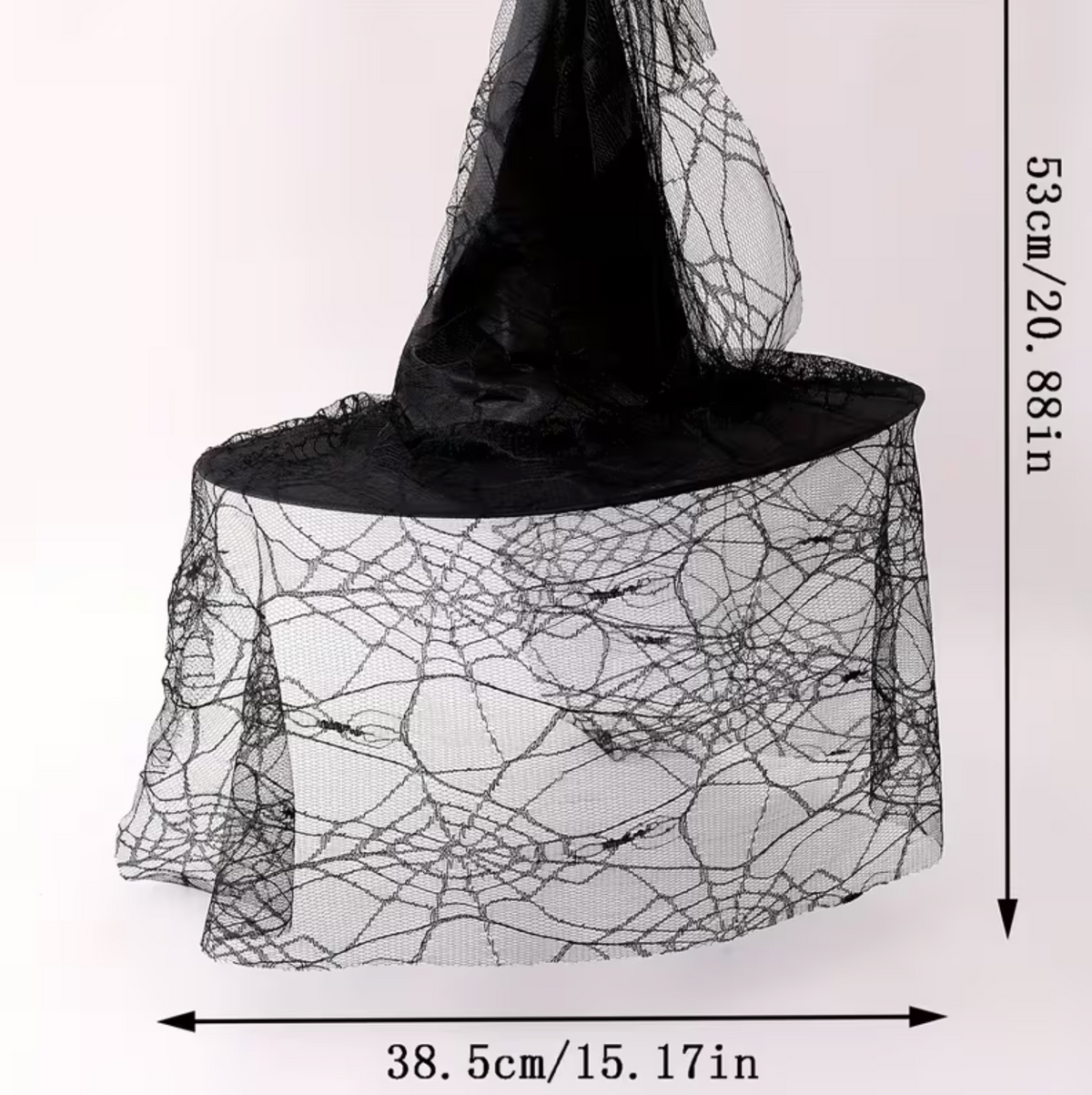 Black Mesh Lace Witch Hat with Pointed Cone and Wide Circular Brim, Adult Size