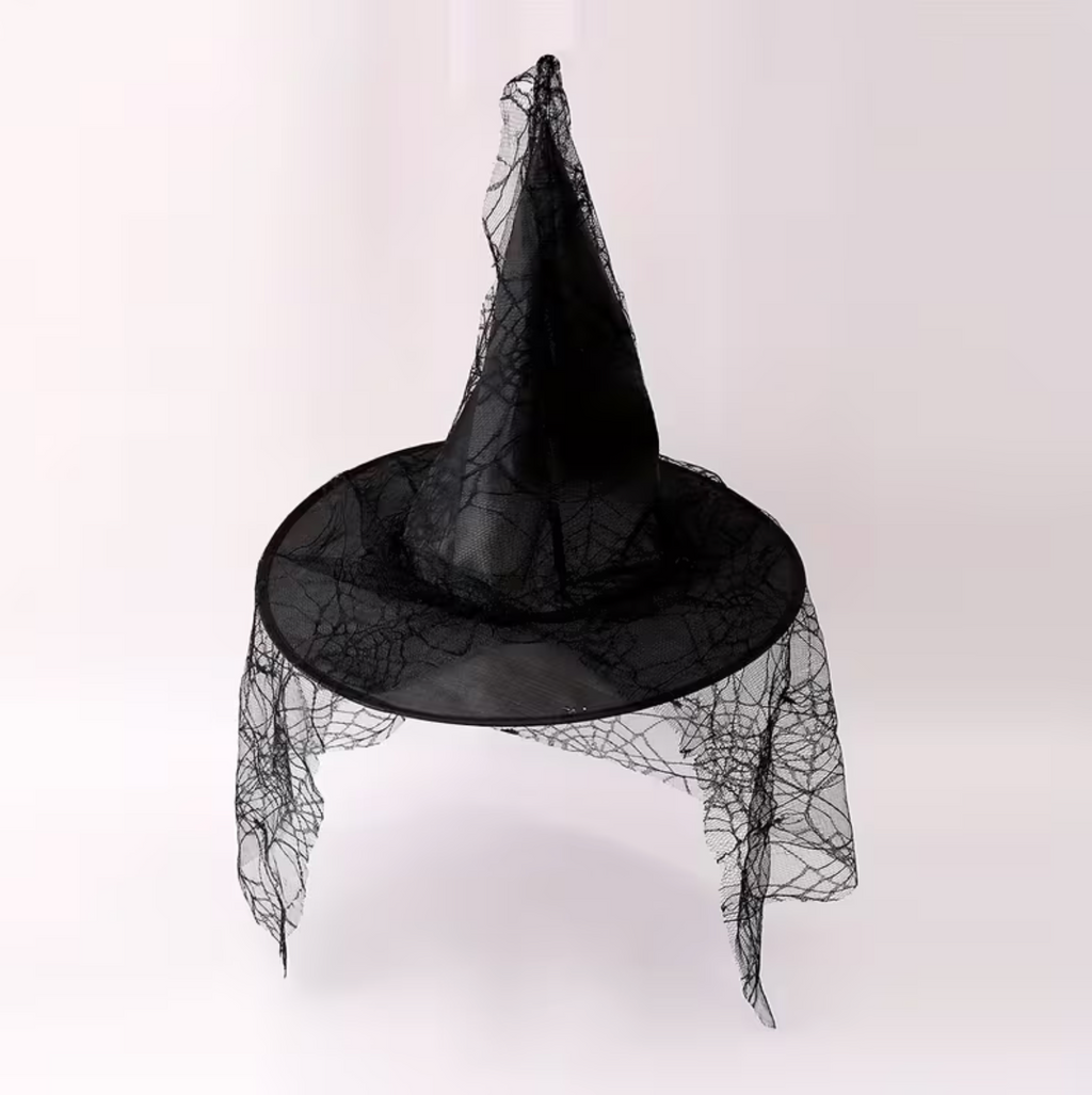 Black Mesh Lace Witch Hat with Pointed Cone and Wide Circular Brim, Adult Size