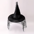 Black Mesh Lace Witch Hat with Pointed Cone and Wide Circular Brim, Adult Size