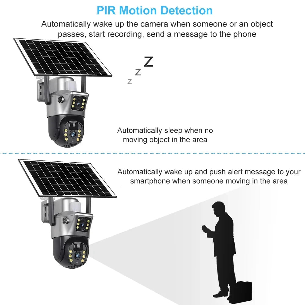 Tavvitaimp18 outdoor solar security camera with motion detection, night vision, and 4G/WiFi options.