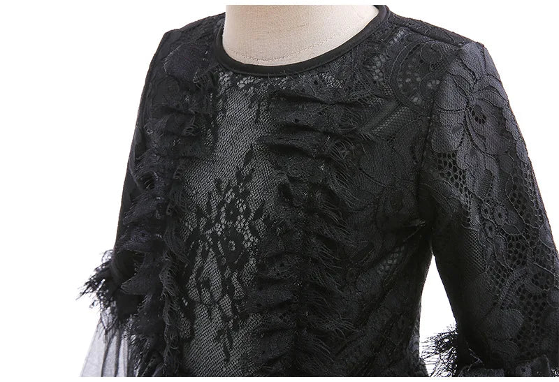 Girls Witch Queen Dress with Ruffle Trim and Decorative Pattern, Mid Calf Length All Vera Mart