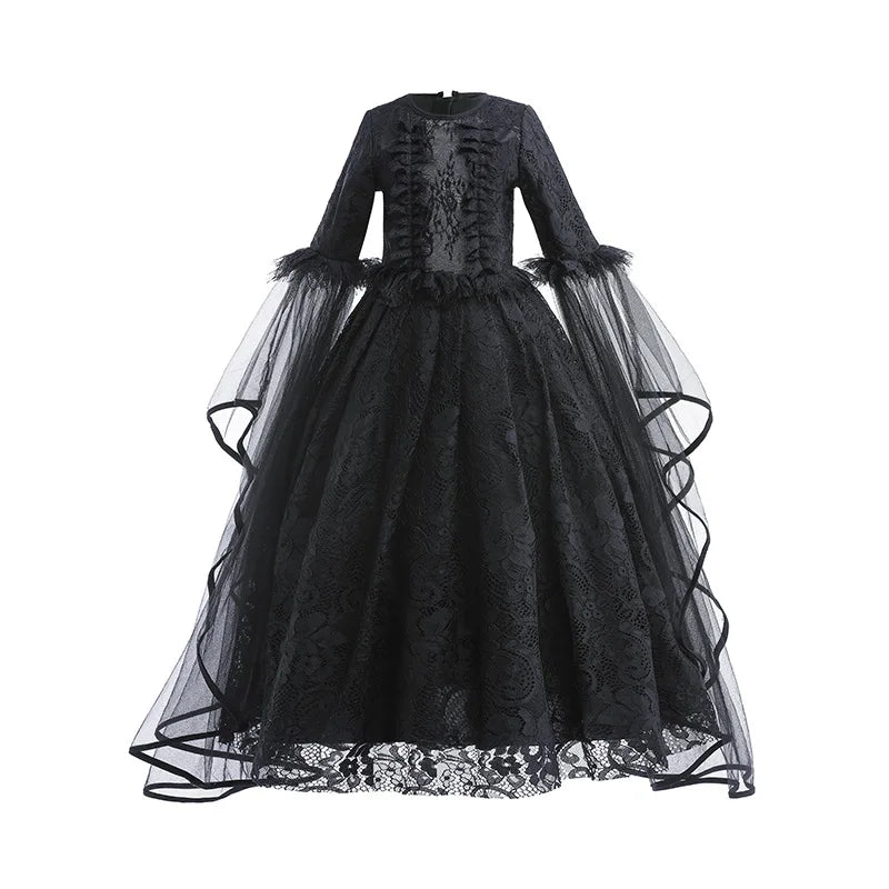 Girls Witch Queen Dress with Ruffle Trim and Decorative Pattern, Mid Calf Length All Vera Mart