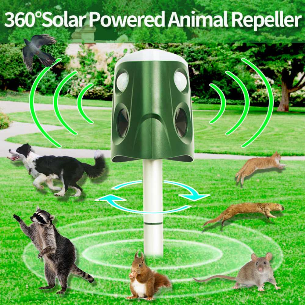 Ultrasonic Animal Repellent with 360° Sensor and Flashing Lights, Solar Powered All Vera Mart