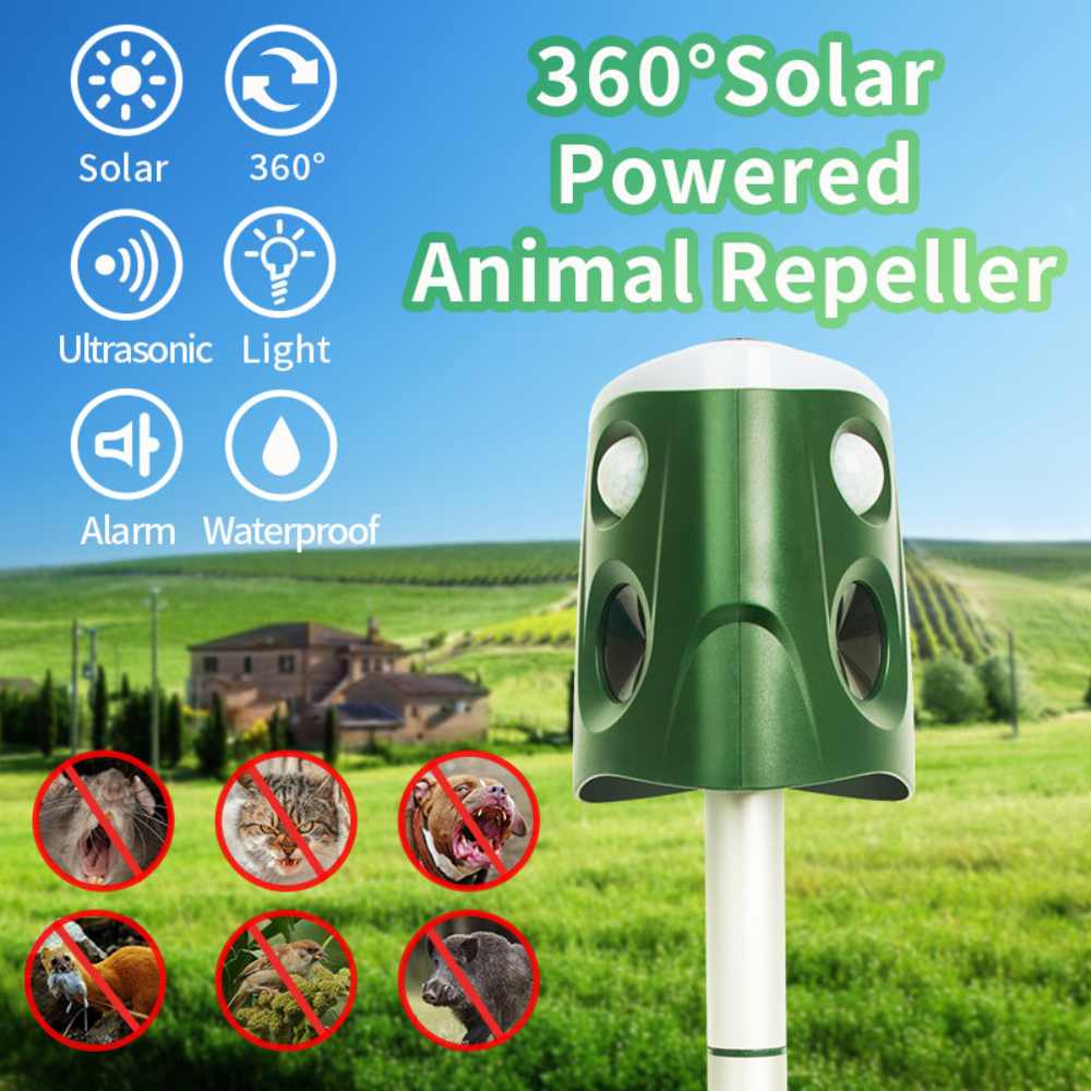 Ultrasonic Animal Repellent with 360° Sensor and Flashing Lights, Solar Powered All Vera Mart