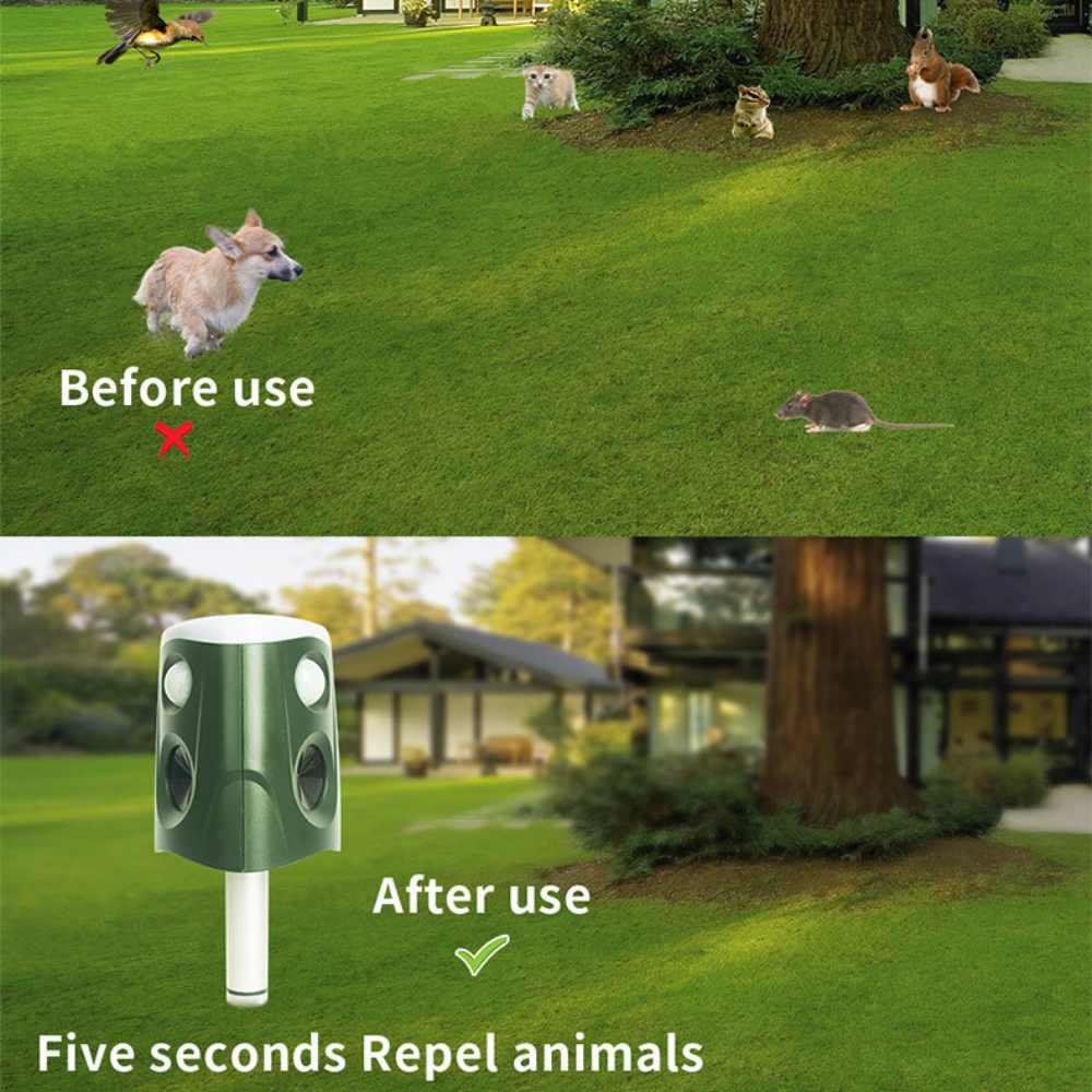 Ultrasonic Animal Repellent with 360° Sensor and Flashing Lights, Solar Powered All Vera Mart