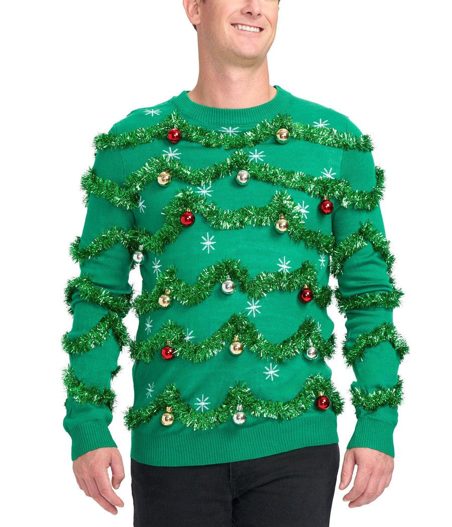 Mens Gaudy Garland Christmas Sweater with Shiny Baubles and Tinsel Trim