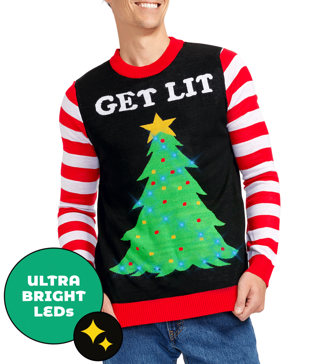 Mens Get Lit Light Up Christmas Tree Sweater with Candy Cane Sleeves and Battery Pack