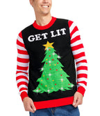 Mens Get Lit Light Up Christmas Tree Sweater with Candy Cane Sleeves and Battery Pack
