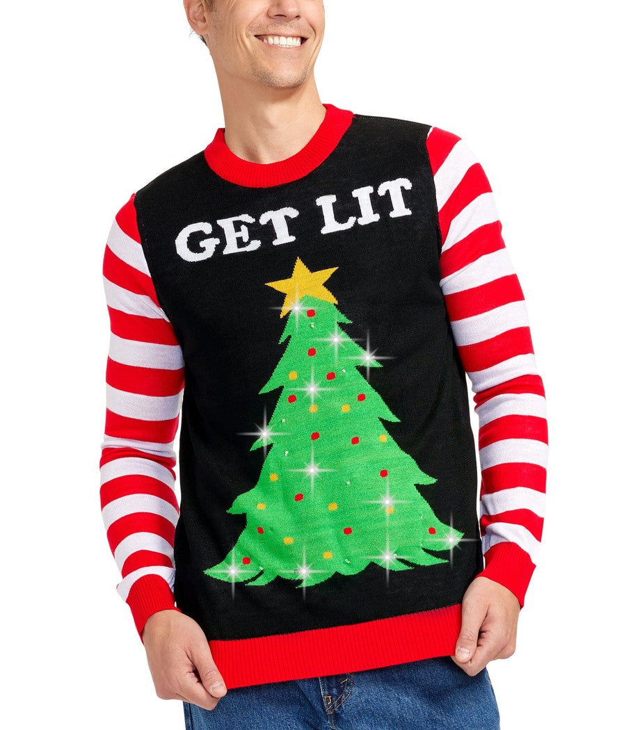 Mens Get Lit Light Up Christmas Tree Sweater with Candy Cane Sleeves and Battery Pack