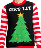 Mens Get Lit Light Up Christmas Tree Sweater with Candy Cane Sleeves and Battery Pack