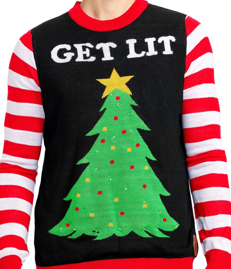 Mens Get Lit Light Up Christmas Tree Sweater with Candy Cane Sleeves and Battery Pack