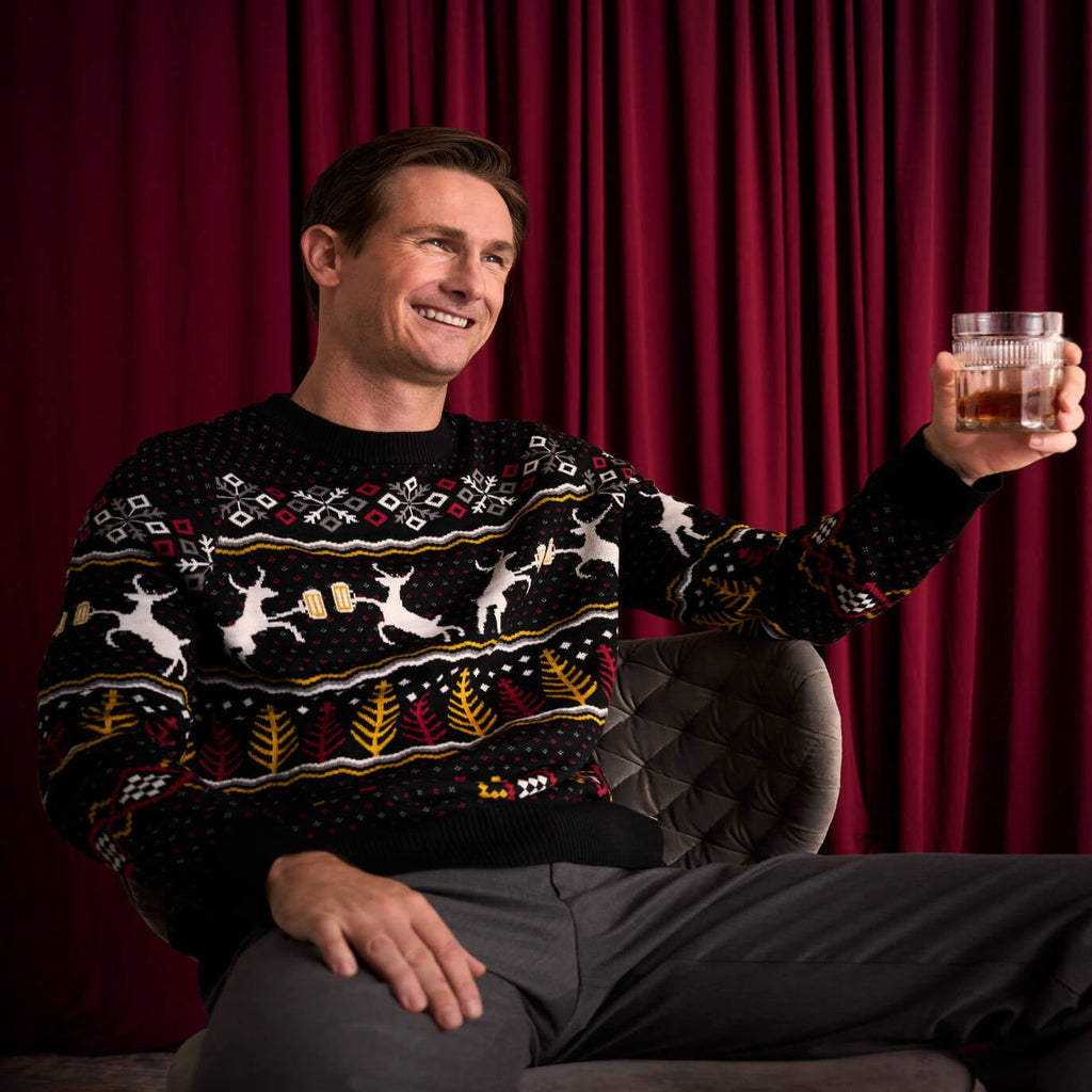 Mens Deer and Beer Ugly Christmas Sweater with Trees and Snowflake Pattern