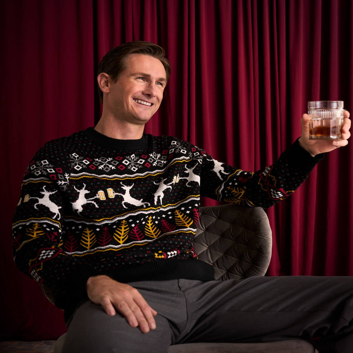 Mens Deer and Beer Ugly Christmas Sweater with Trees and Snowflake Pattern